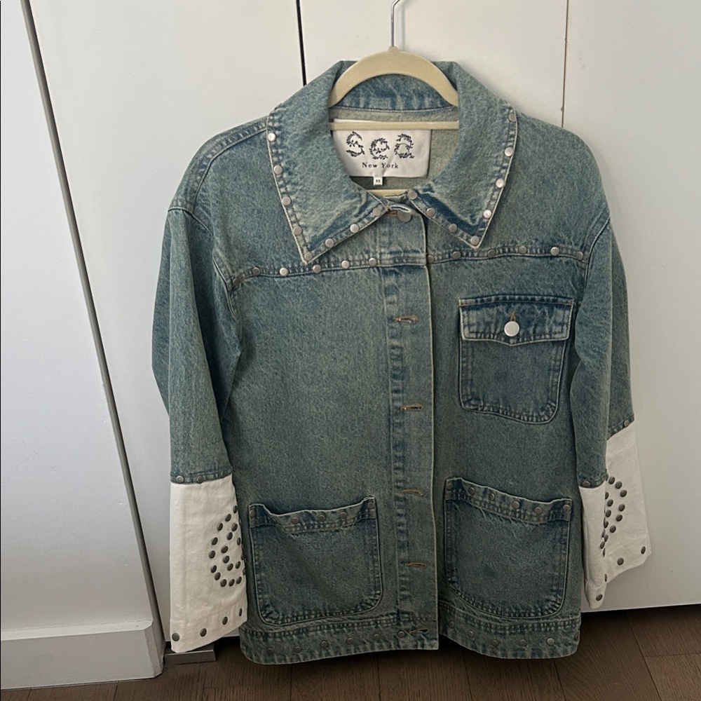 Sea New York Two-Tone Studded Denim Jacket - Light Blue and White